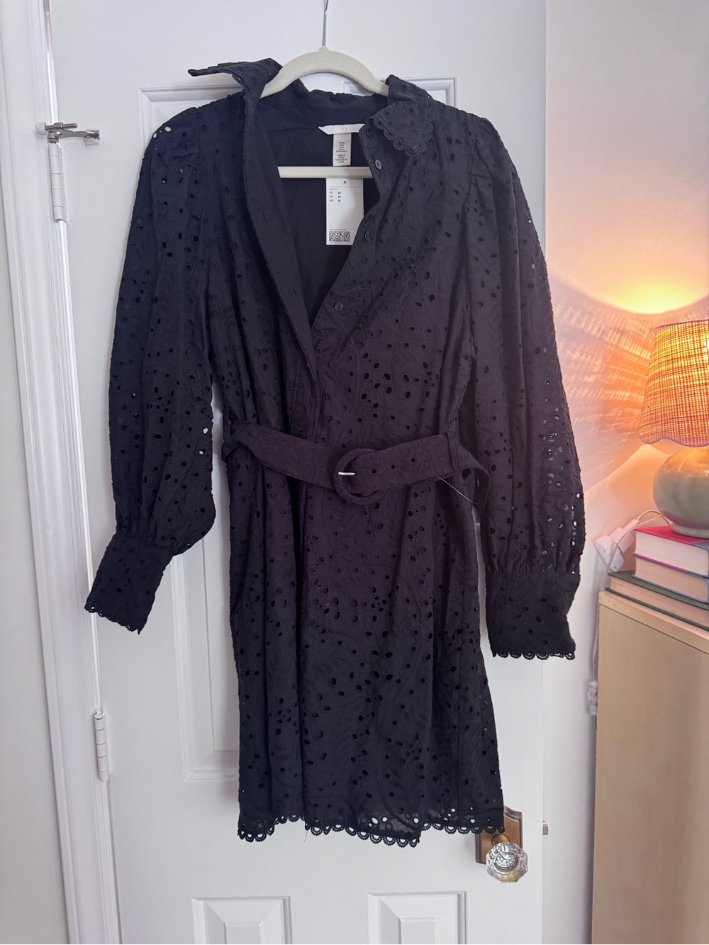 Black Eyelet Belted Women’s Dress